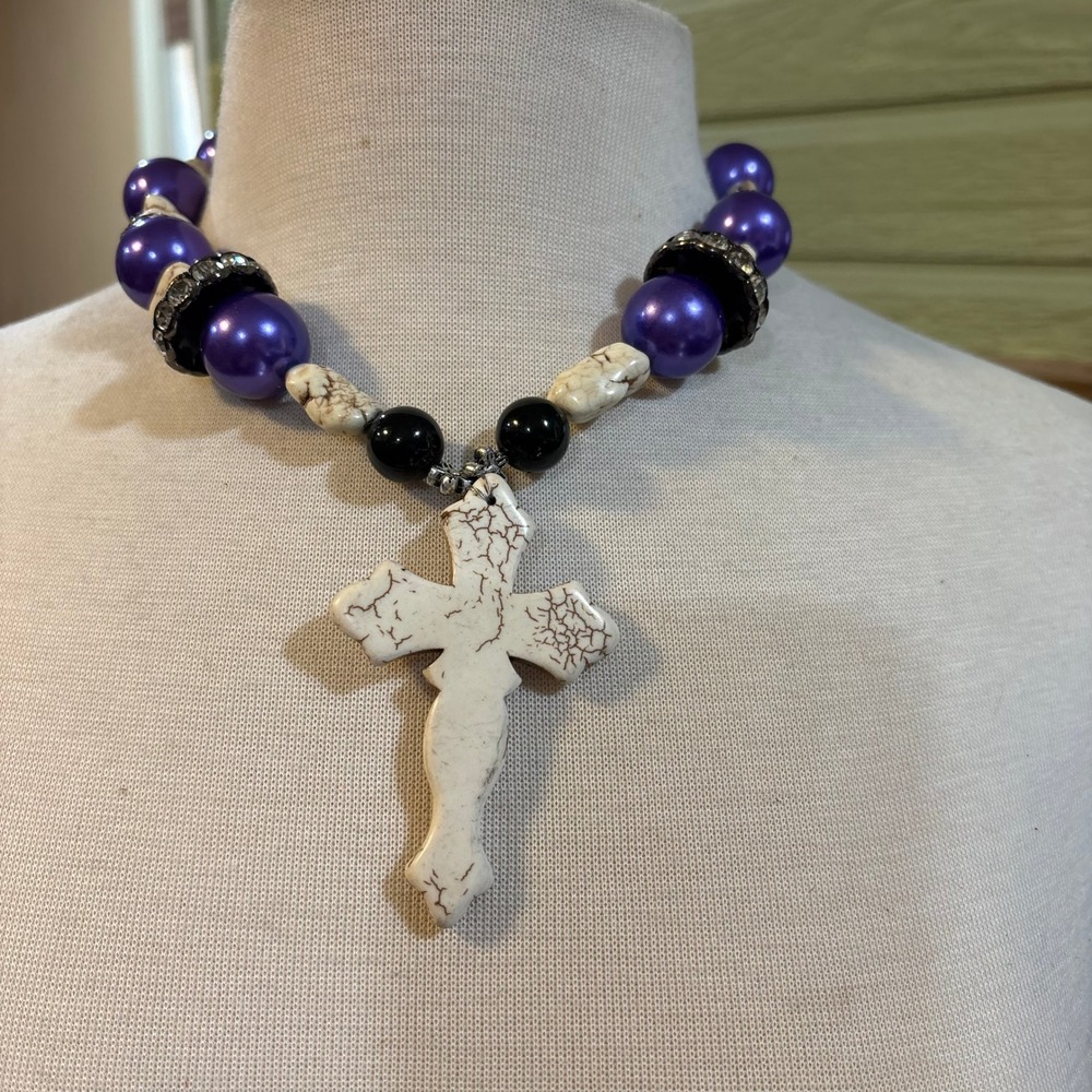 Purple Pearl White Turquoise Style Cross Pendant Beaded Statement Necklace